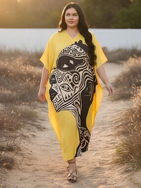 Plus Size Caftan Dresses for Women Loose Beach Cover Up Maxi Dress Kimono Sleeve